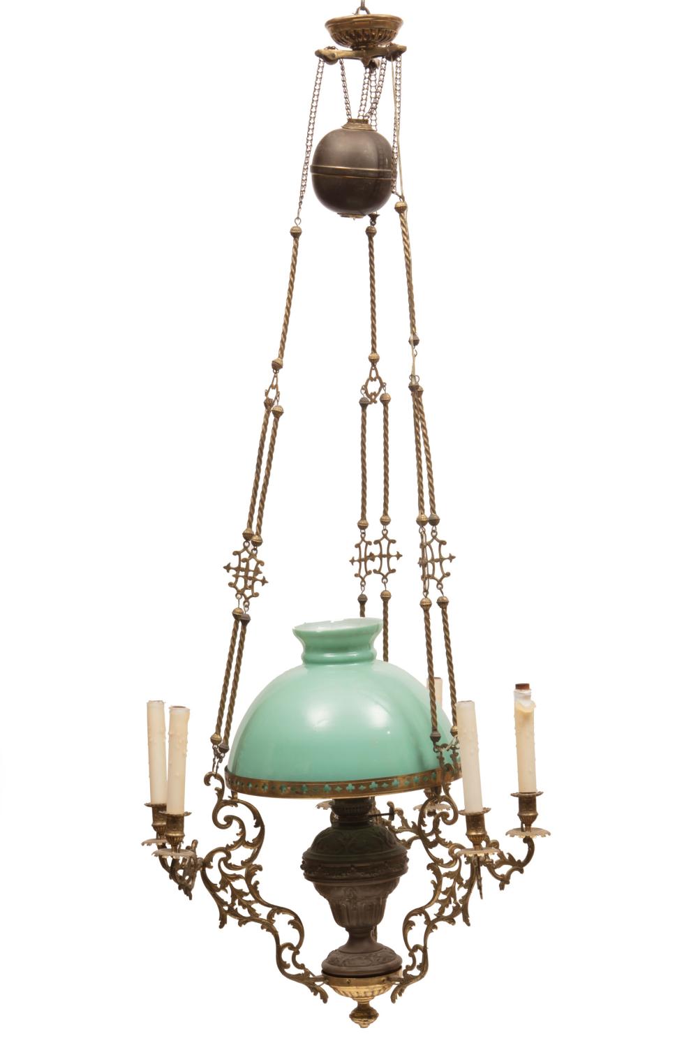 Appraisal: American Brass and Glass Seven-Light Chandelier th c central font