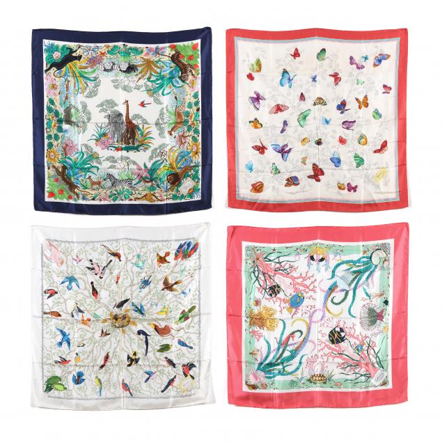 Appraisal: FOUR SILK SCARVES FEATURING ANIMAL LIFE GUCCI Made in Italy