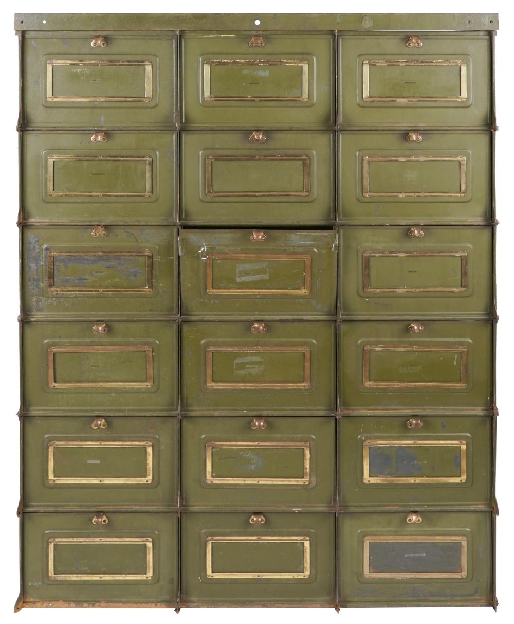 Appraisal: GERMAN GREEN-PAINTED METAL MAIL CABINETwith faded paper label verso fitted