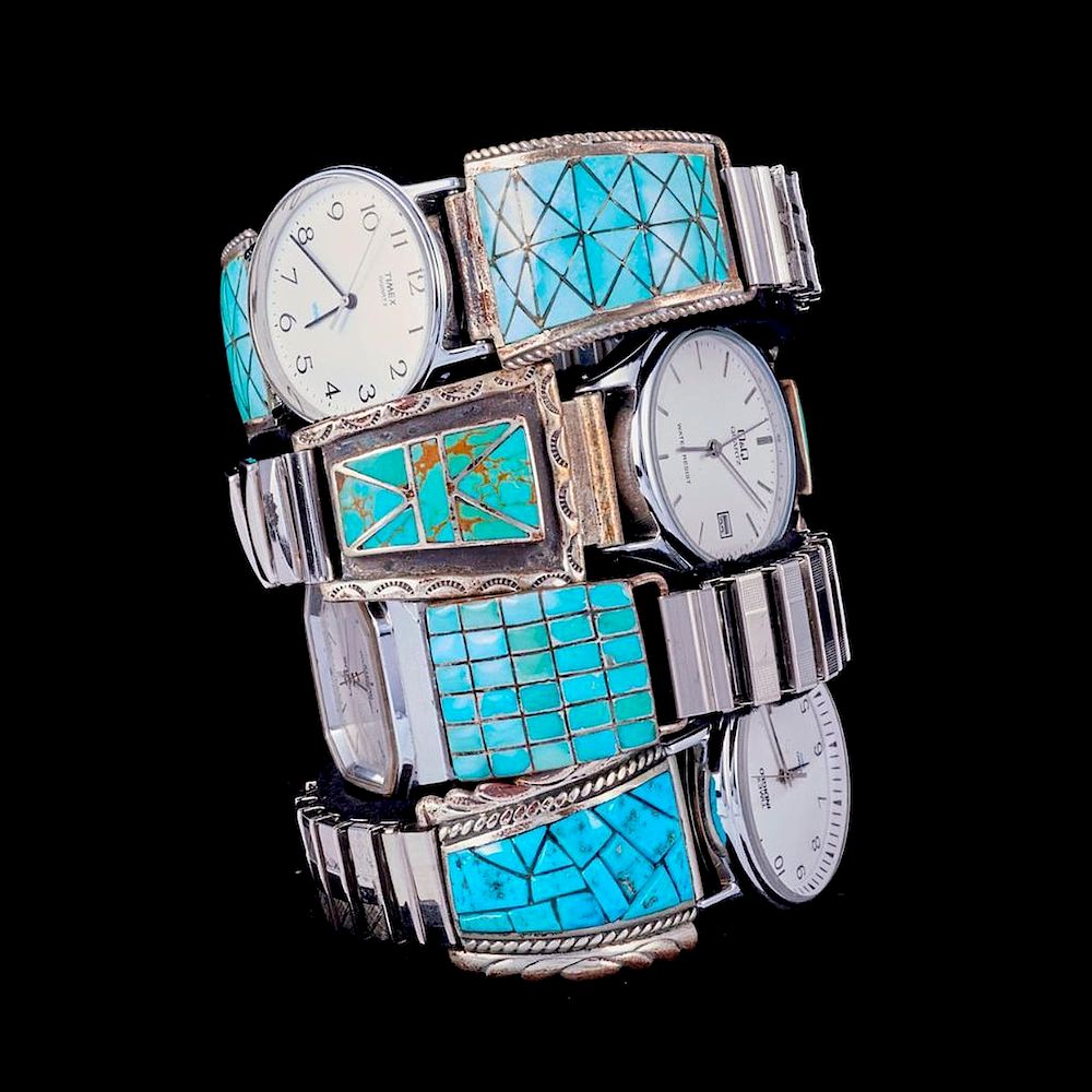 Appraisal: NAVAJO WATCH BANDS Four Vintage Southwest turquoise silver watch bands