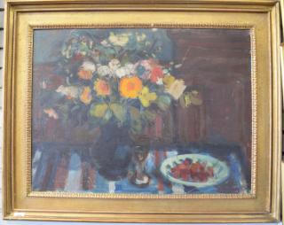 Appraisal: Oil on canvas Still Life of Flowers and Fruit unsigned