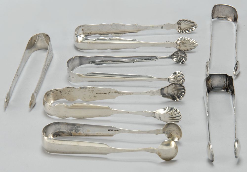 Appraisal: SEVEN PAIRS OF COIN SILVER SUGAR TONGS th CenturyBy various