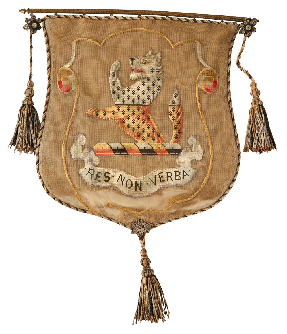 Appraisal: GEORGIAN NEEDLEWORK PANELembroidered with a coat of arms suspended on