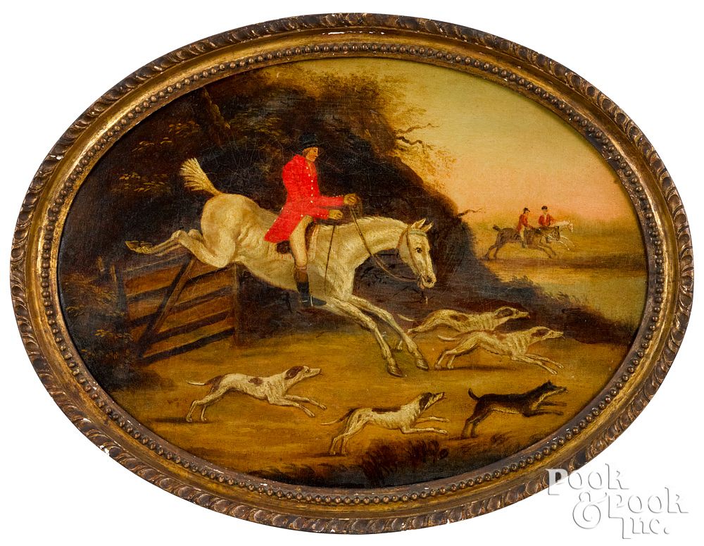 Appraisal: English oil on canvas fox hunting scene English oil on