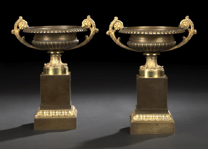 Appraisal: Large Pair of Parcel-Gilt- and Patinated Bronze Two-Handled Garniture Coupes