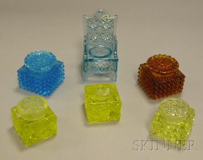 Appraisal: Six Colored Pressed Pattern Glass Inkwells