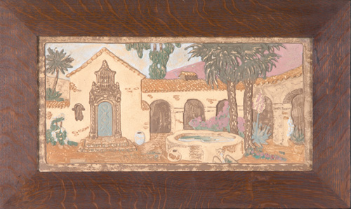 Appraisal: CLAYCRAFT Large tile panel depicting a mission courtyard with fountain