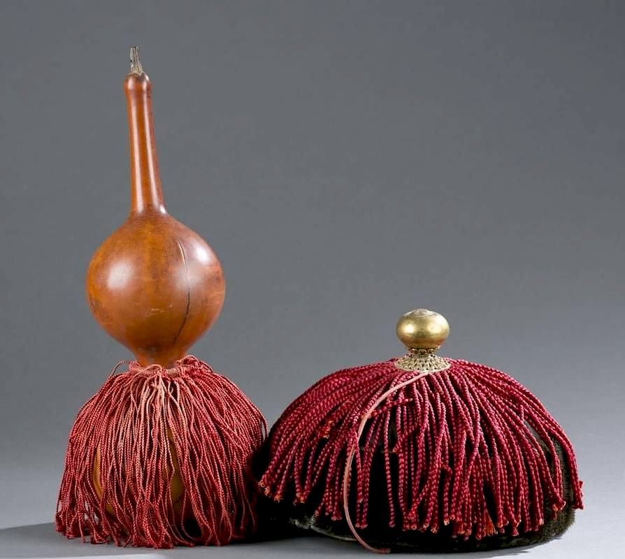 Appraisal: th C Chinese fur trimmed Guan hat gourd A Chinese