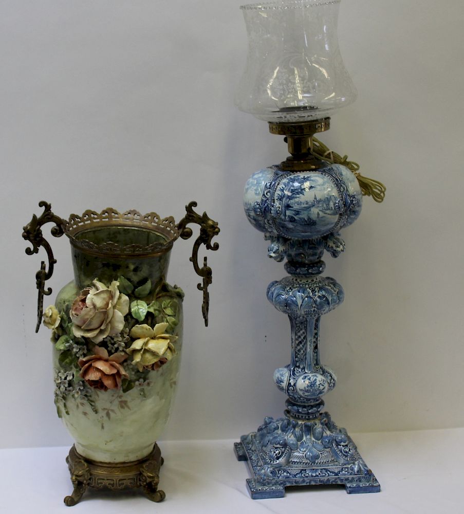 Appraisal: Bronze Mounted Majolica Urn together with a French Glazed Pottery