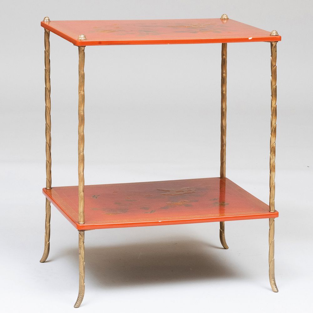 Appraisal: Chinese Style Gilt-Metal-Mounted Red Lacquer Two Tier Table x x