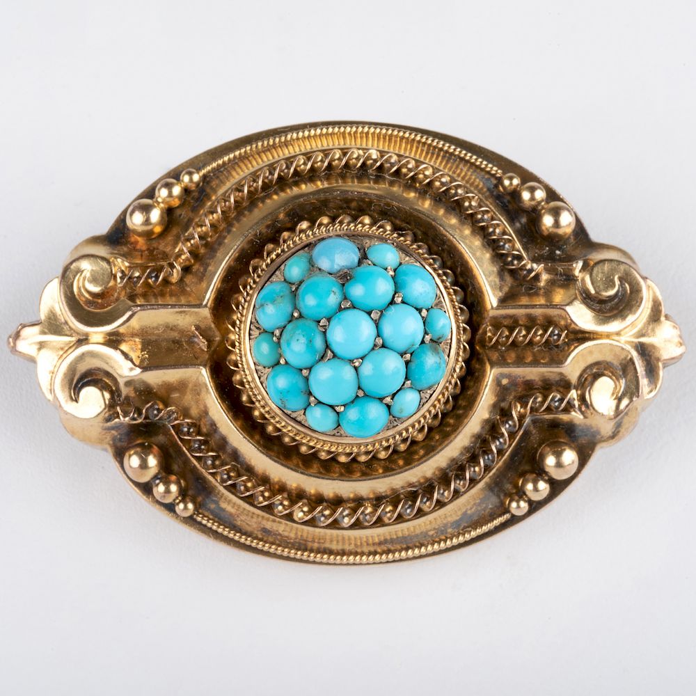 Appraisal: Victorian Gold and Turquoise Mourning Brooch Victorian Gold and Turquoise