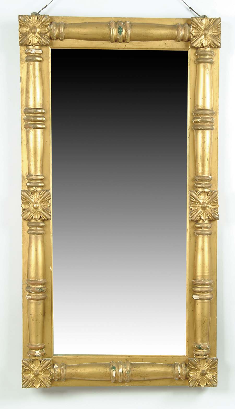 Appraisal: EMPIRE SPLIT COLUMN GOLD MIRROR Rectangular bevel edge mirror has