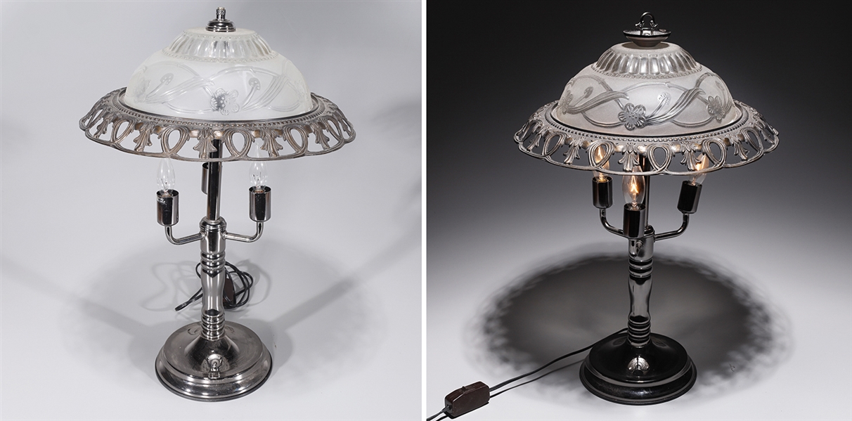 Appraisal: Pair of glass and metal lamps with floral designs each