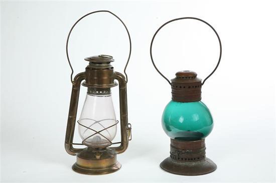 Appraisal: TWO LANTERNS Tin with green glass globe and whale oil