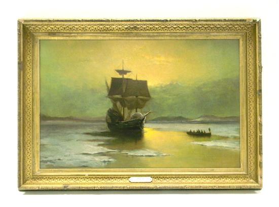 Appraisal: 'Seining off Labrador '' oil on canvas depicting gold-green sky