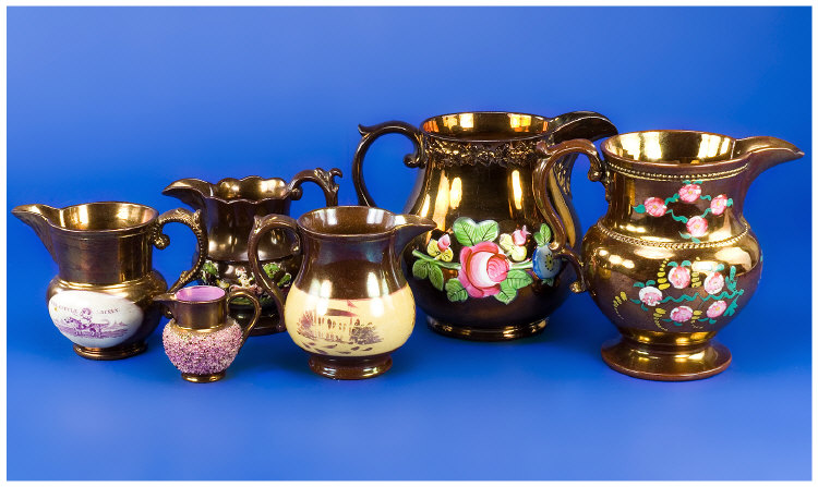 Appraisal: Six Copper Lustre Jugs One with Puce Transfer Print The