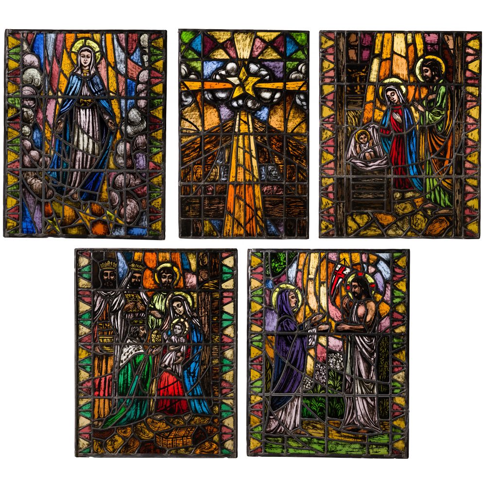 Appraisal: RELIGIOUS STAINED GLASS PANEL ASSORTMENT rectangular all of colored glass