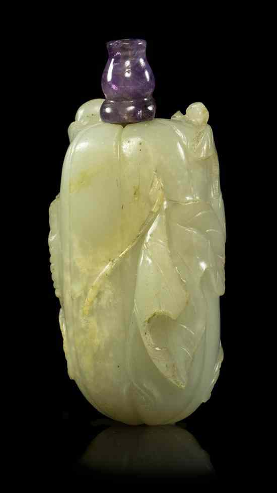 Appraisal: A Melon Form Jade Snuff Bottle of celadon colored stone