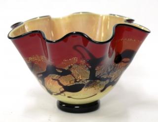 Appraisal: Michael Nourot Scarlet Nova Fluted Cabinet Bowl The hand-blown deeply