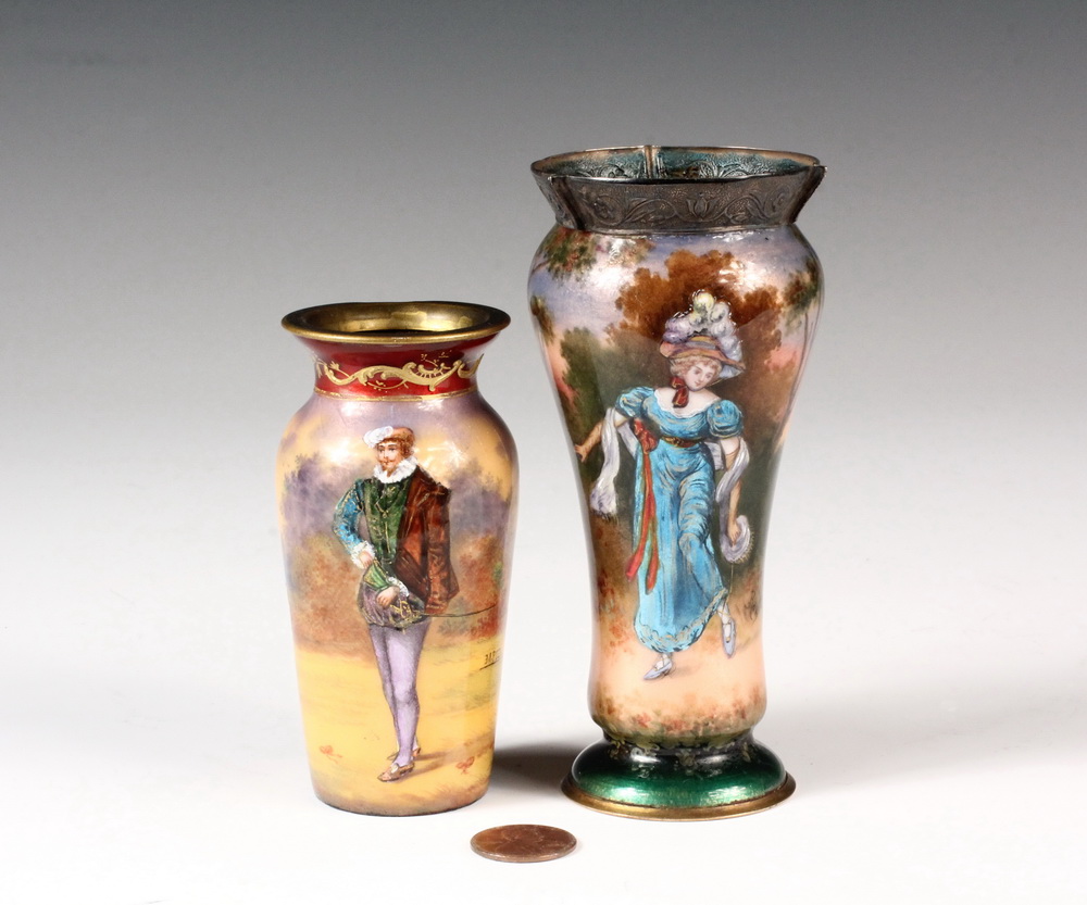 Appraisal: MINIATURE ENAMELED VASES - Late th c French Enamel on