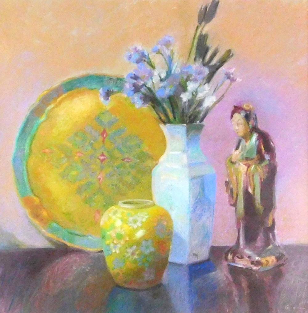 Appraisal: Lois Griffel American b Still Life with Oriental Figure pastel