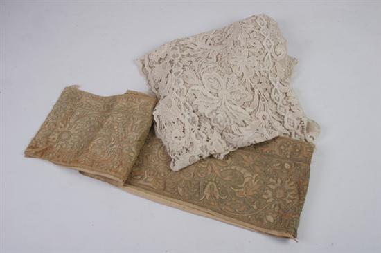 Appraisal: ECRU NEEDLEWORK LACE TABLECLOTH Together with an embroidered silk valence