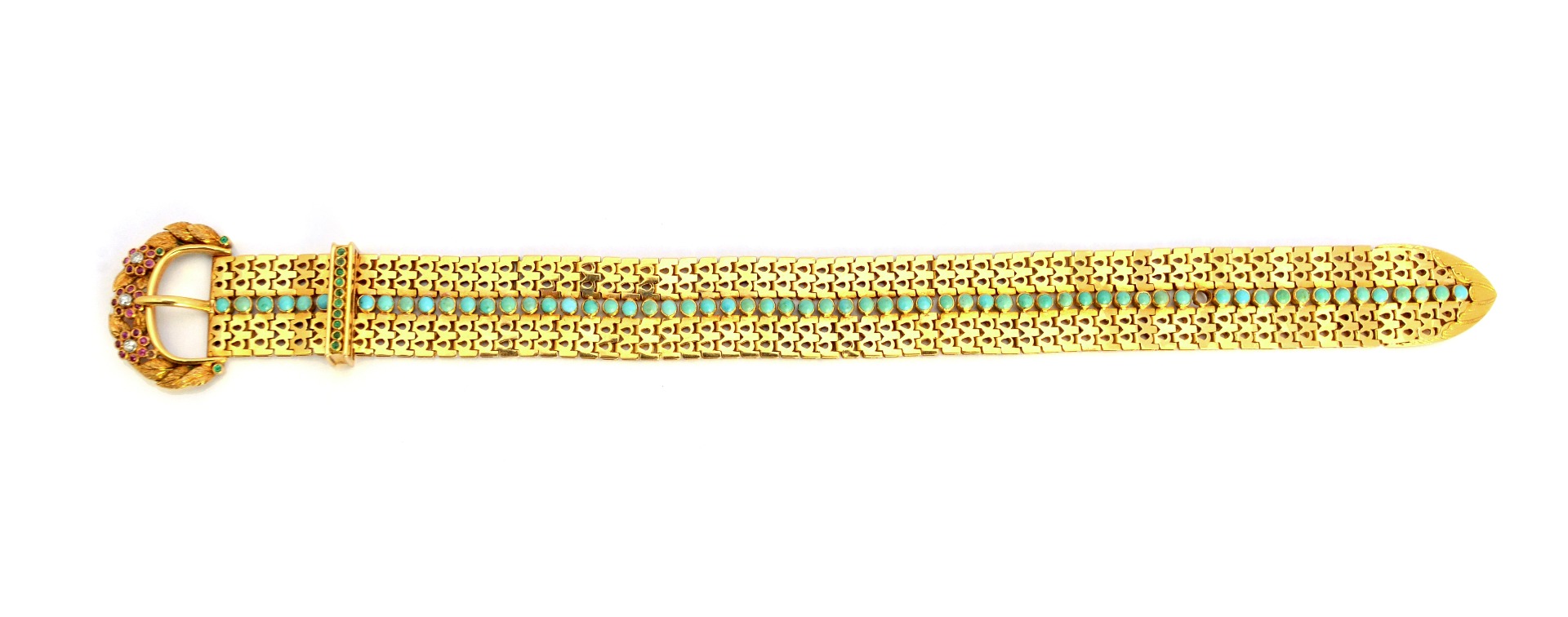 Appraisal: A European gold turquoise diamond ruby and emerald set bracelet