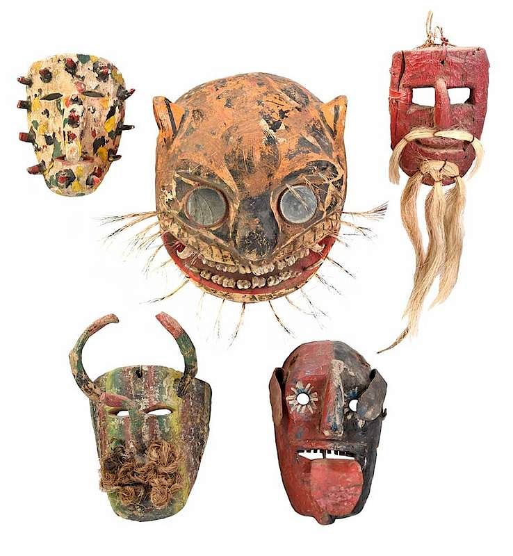 Appraisal: Five Latin American Polychrome Dance Masks some probably Mexican th