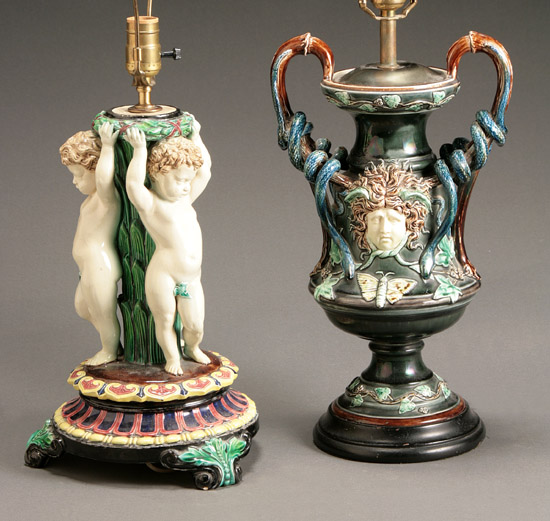 Appraisal: Two Majolica Table Lamps Late th Century The first Hugo