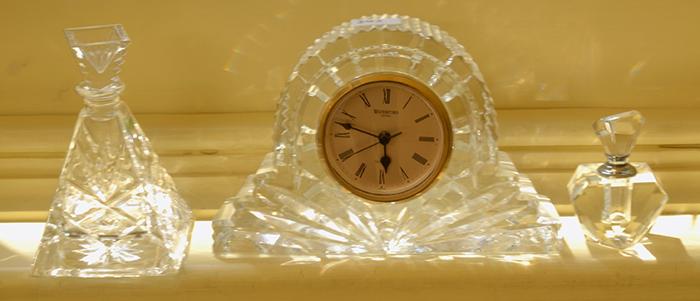 Appraisal: WATERFORD CRYSTAL DRESSING TABLE CLOCK AND TWO PERFUME BOTTLES