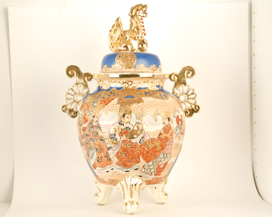 Appraisal: Satsuma Lidded Urn with Figural Finial Scene with men and