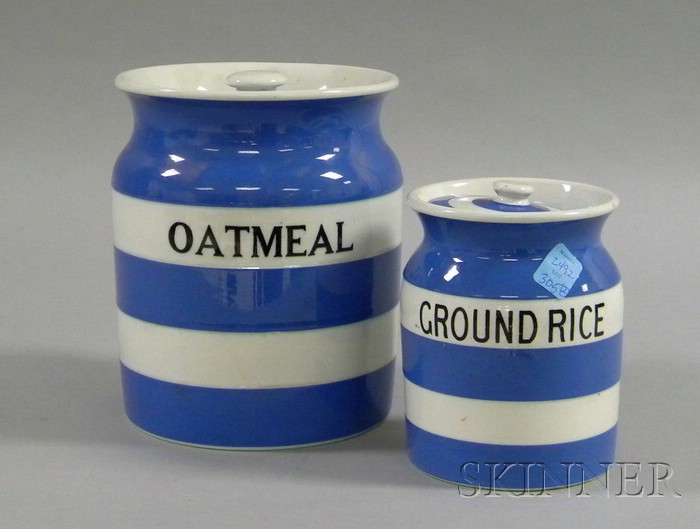 Appraisal: Two English Gresley Blue and White Covered Ceramic Kitchen Canisters