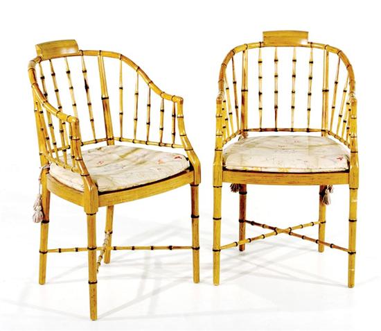 Appraisal: Pair faux-bamboo chairs by Baker continuous arm surmounted with curved