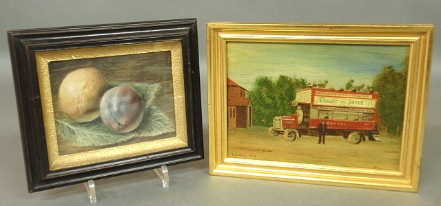 Appraisal: - Oil on panel painting of a double-decker buss signed