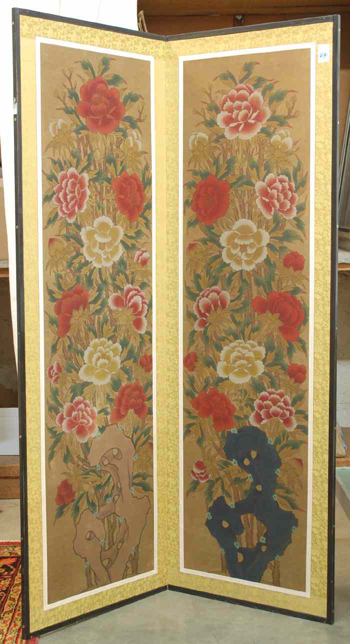 Appraisal: CHINESE FLOOR SCREEN -panel floral painting on paper ''H The