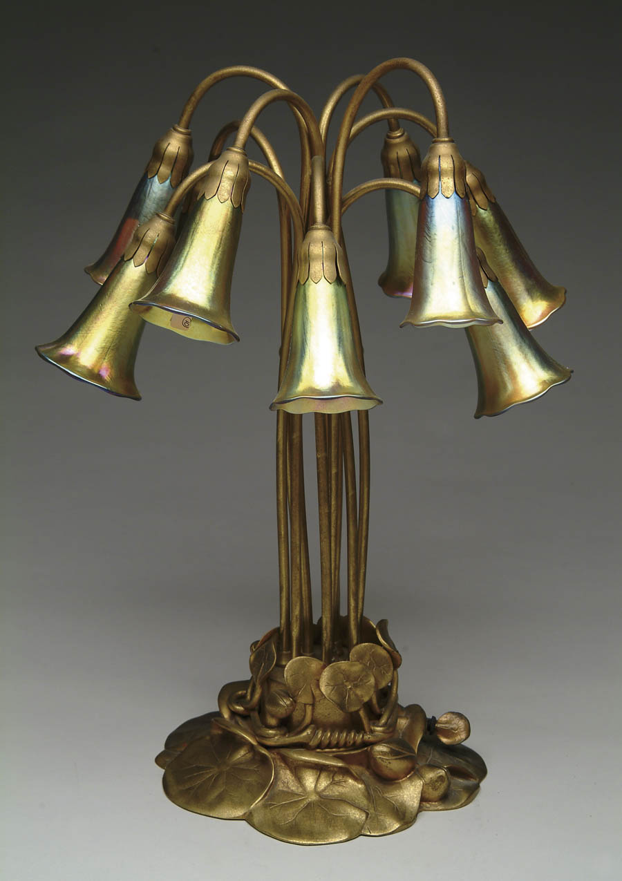 Appraisal: TIFFANY -LIGHT LILY LAMP Gold dore finish with faint acid-etching