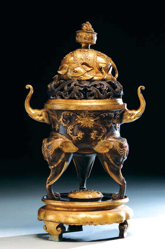 Appraisal: GILT BRONZE ELEPHANT CENSER Ming-style Chinese or Sino-Tibetan gilt bronze