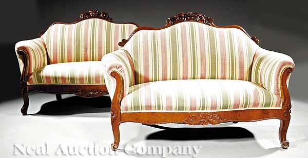 Appraisal: A Pair of American Rococo Carved Walnut Slipper Settees mid-