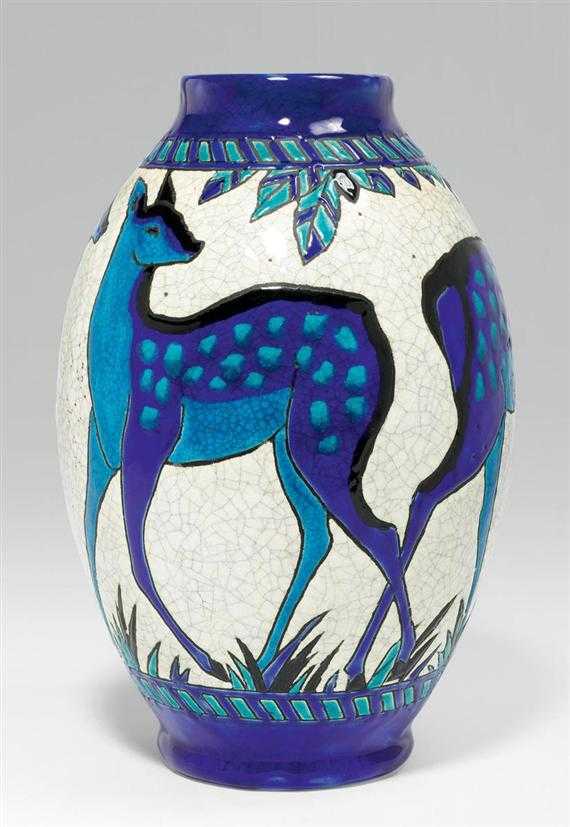 Appraisal: CATTEAU CHARLES - BICHES BLEUES VASE Keramis circa Crackle glazed