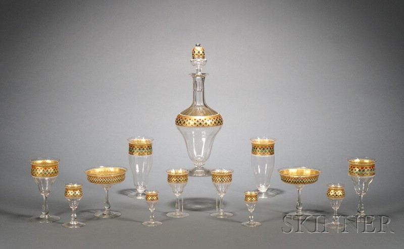 Appraisal: Extensive Venetian Enamel-Decorated Colorless Glass Stemware Set with Decanter late