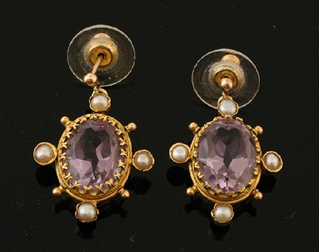 Appraisal: A pair of Victorian gold amethyst and pearl earrings Circa