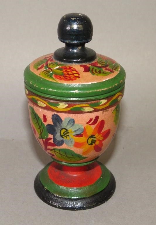 Appraisal: LEHNWARE LIDDED SAFFRON CUP WITH PAINT DECORATIONca - uncommon diminutive