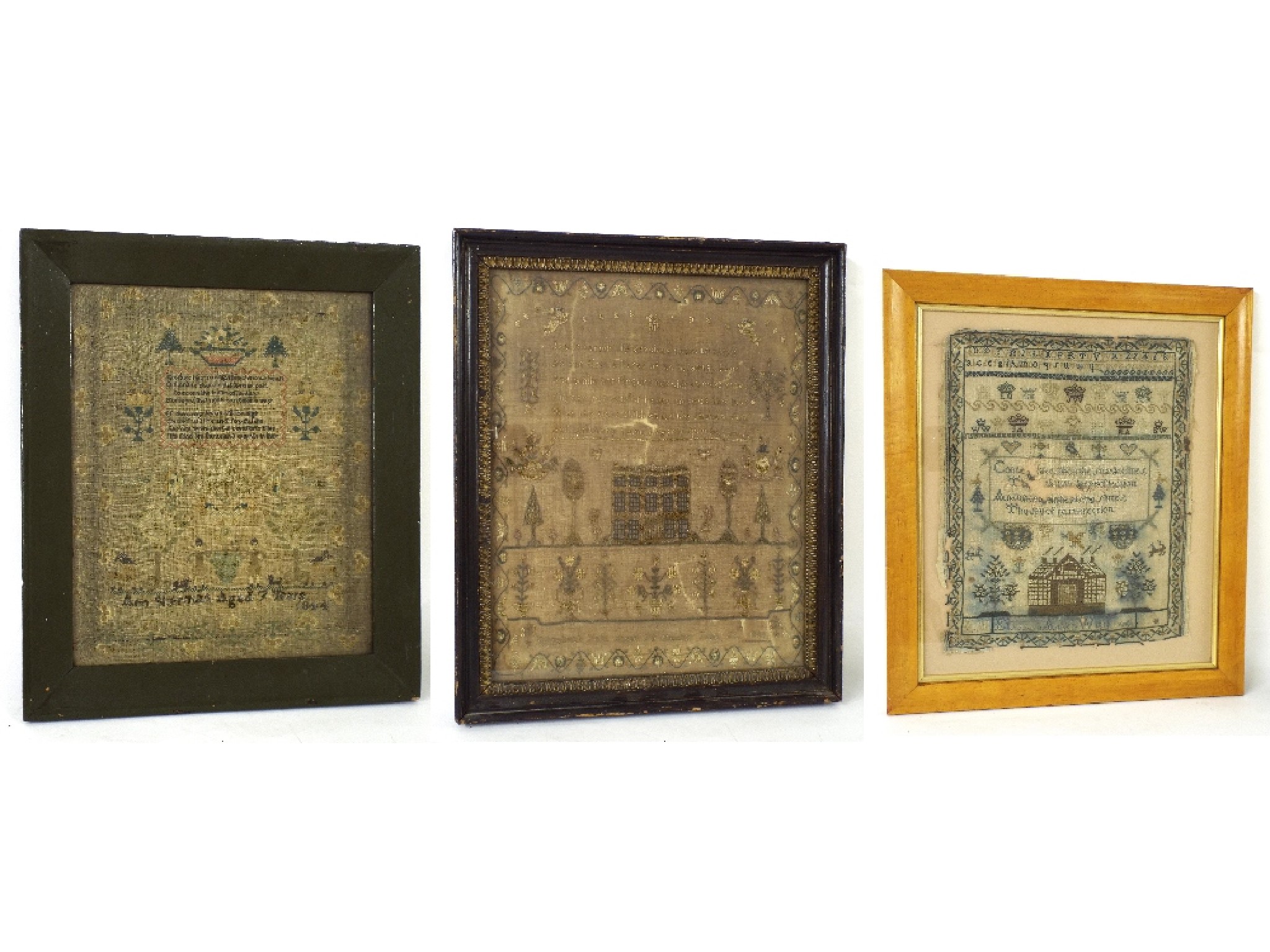 Appraisal: Three early th century woolwork samplers all decorated with text