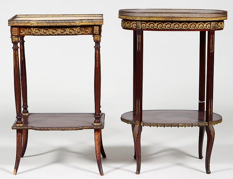 Appraisal: TWO LOUIS XVI MARBLE TOP MAHOGANY TABLES EN CHIFFIONIEREach with