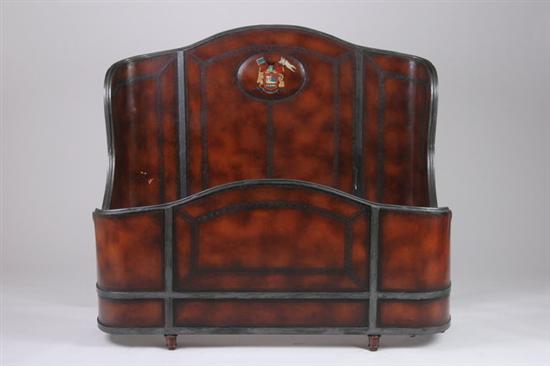 Appraisal: FRENCH HAND-PAINTED LEATHER BED mid- th century painted with armorials