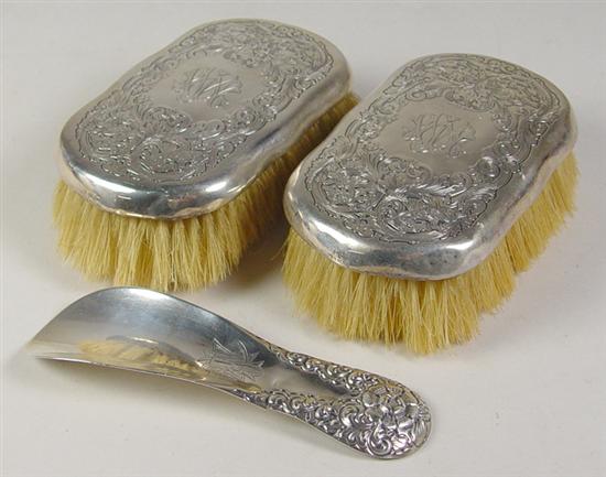 Appraisal: Three Piece Dresser Accessories Pair of monogrammed sterling brushes long