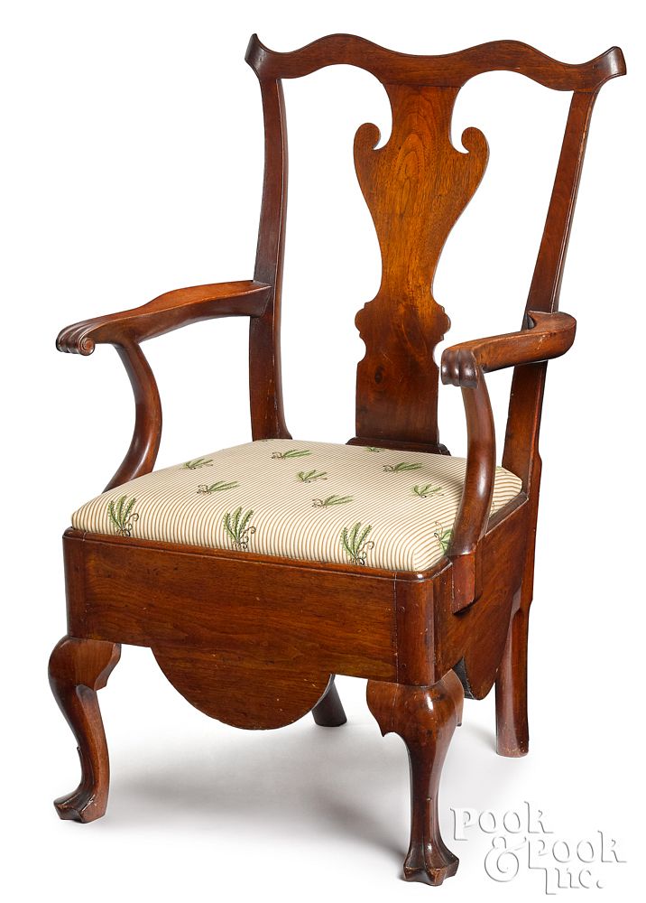 Appraisal: Pennsylvania Queen Anne walnut necessary chair Pennsylvania Queen Anne walnut