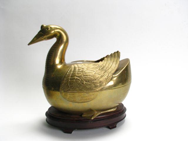 Appraisal: Brass Goose Motif Tureen with silver plated interior and wooden