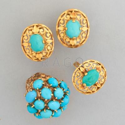 Appraisal: GOLD TURQUOISE JEWELRY th C k yg Florentine style earrings