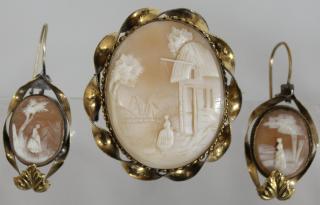 Appraisal: Rebecca at the Well Cameo Pin Earrings Set Antique carved